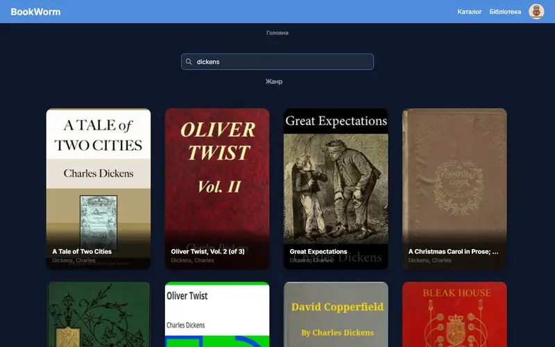 The catalogue after a search for Dickens: a grid of book covers, among them A Tale of Two Cities, Oliver Twist and Great Expectations, under a search field and a genre button, on a dark blue page.