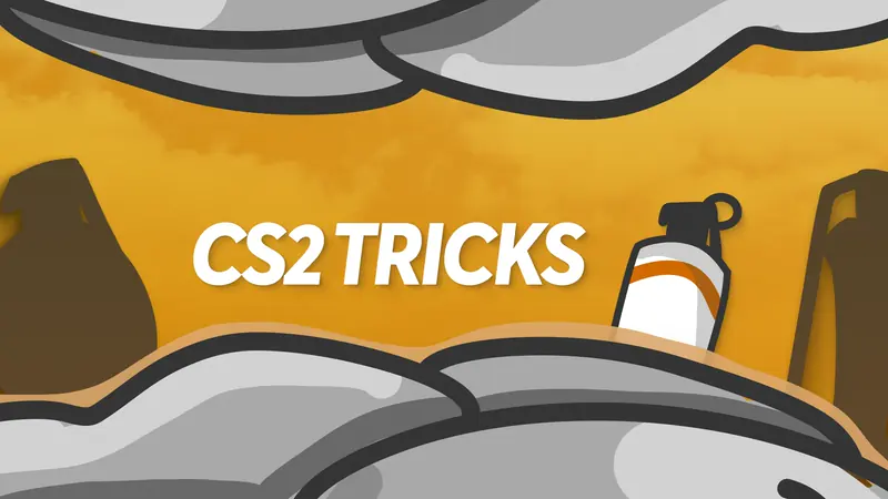 The CS2 Tricks channel banner: the title in white capital letters on a hazy amber background, with a cartoon smoke grenade on the right and grey rock shapes above and below.
