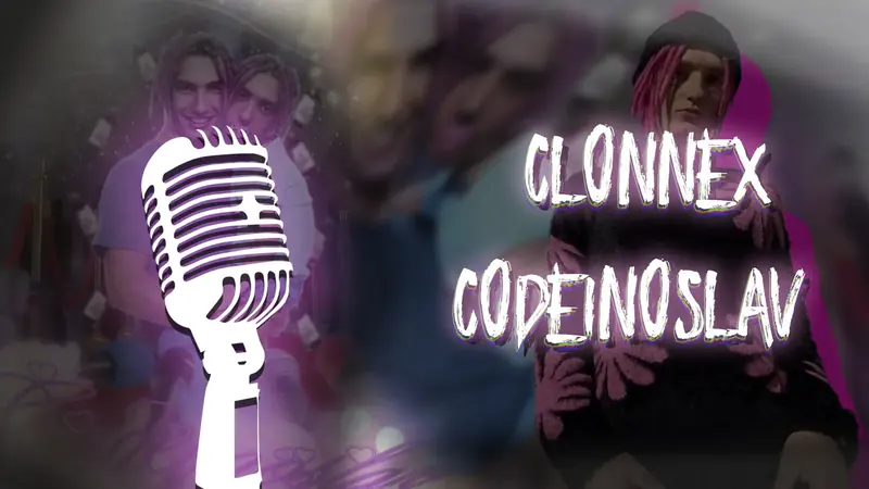 A video thumbnail: a white studio microphone on the left, two young men with long hair at the top and a person with pink hair on the right behind a purple haze, with the names Clonnex and Codeinoslav in large glowing white letters.