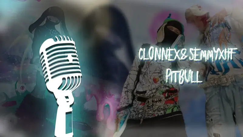 A video thumbnail: a white studio microphone glowing teal on the left, and a figure in a balaclava and a patterned jacket beside a second performer against a blurred graffiti wall, with the performer names and the song title Pitbull in glowing letters.