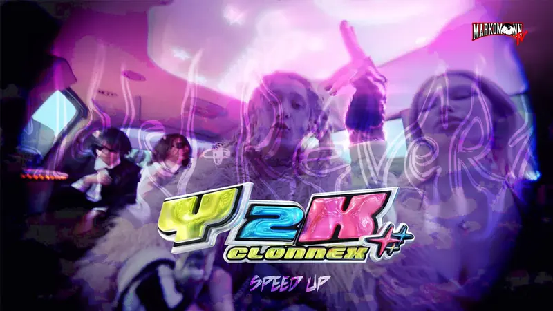 A video thumbnail for a sped-up version: a lime, blue and pink Y2K logo with the name Clonnex over a fisheye picture of young people in a car lit pink and violet, with a small speed up label at the bottom.