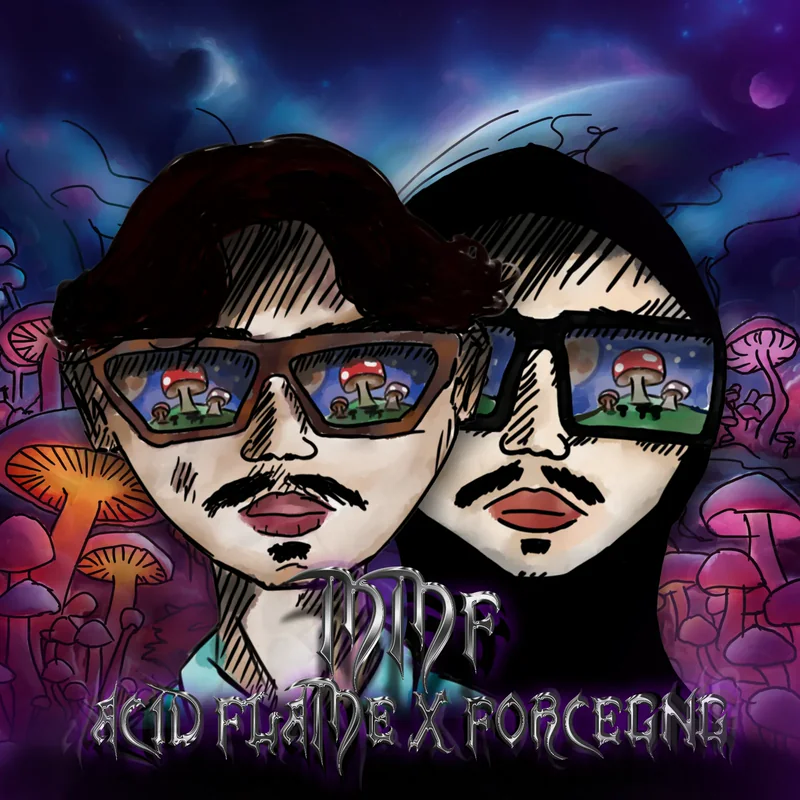 The finished cover. Two illustrated characters in sunglasses in which mushrooms are reflected, in front of glowing mushrooms and a night sky, with chrome lettering at the bottom: a title, and under it two names joined by an X.