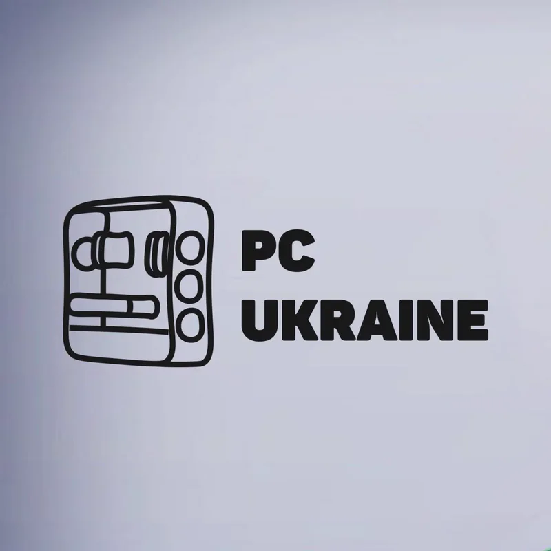 The PC Ukraine logo on a pale grey gradient: a bold outline drawing of a computer case, with the words PC UKRAINE to its right.