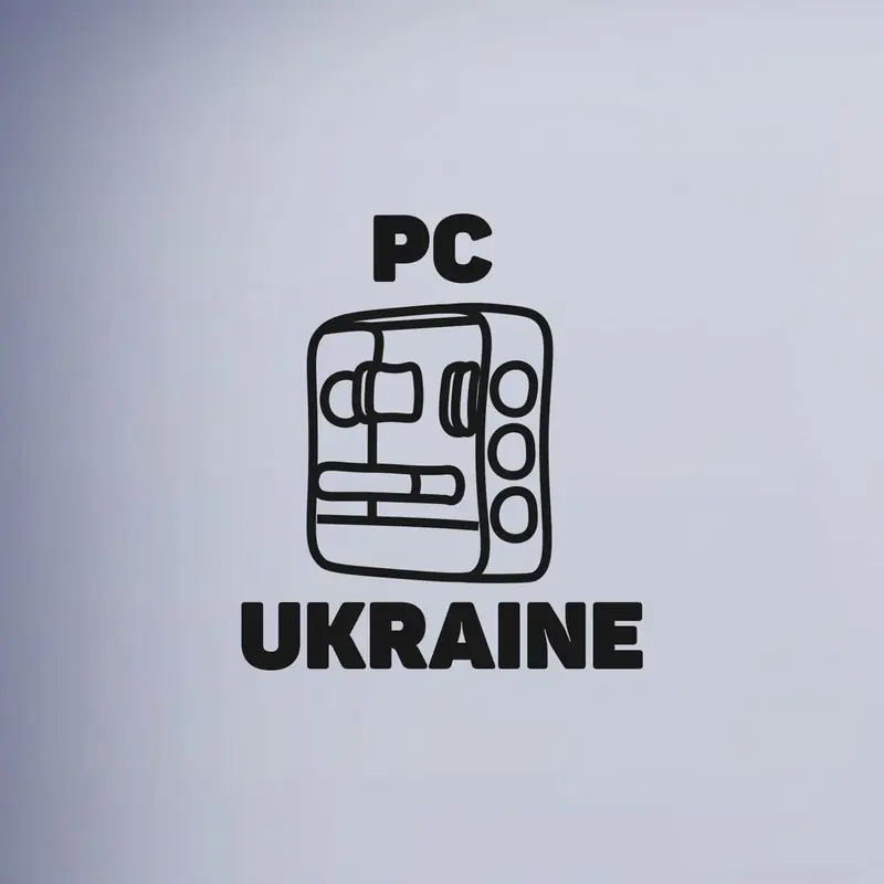 The PC Ukraine logo stacked: the word PC above the outline drawing of a computer case, and UKRAINE below it, on the pale grey gradient.