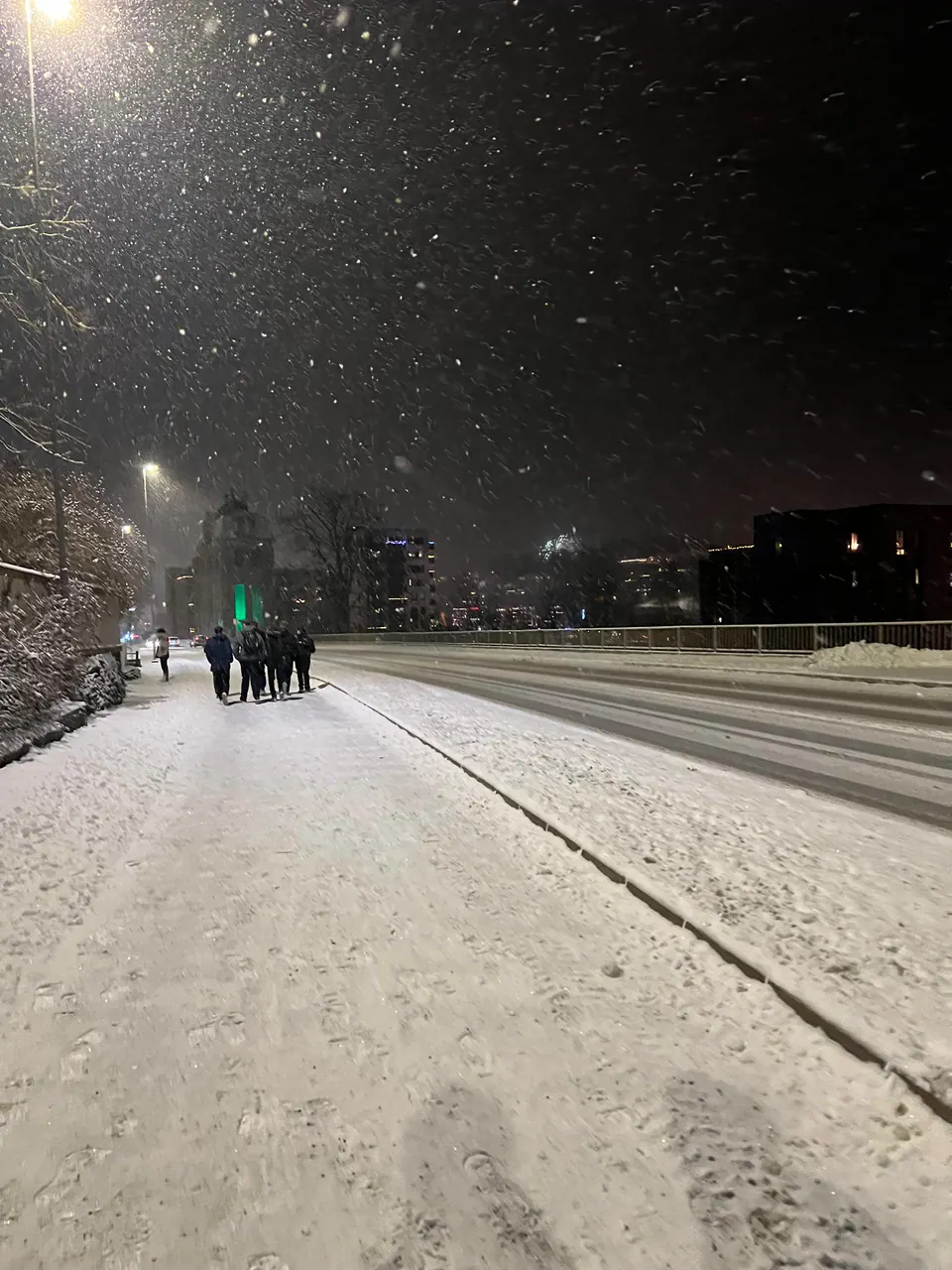 A snowy street at night with a few people walking away along the pavement under falling snow.