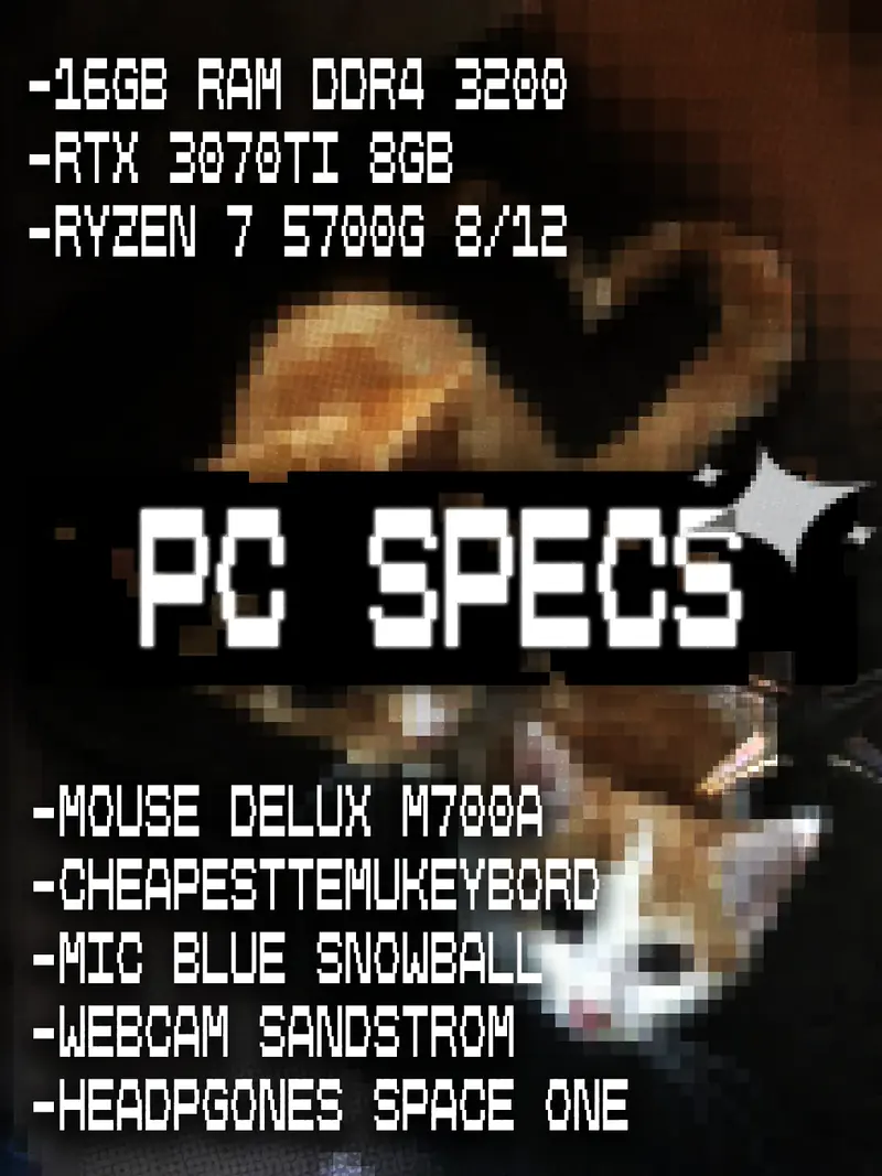 An info panel with the computer's specifications listed above and below the title, over a pixelated photograph of a cat.