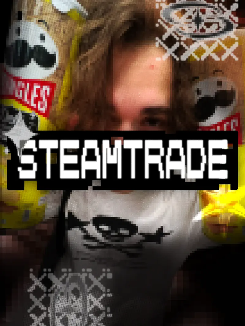 An info panel for game trading: a pixelated photograph of a person with long hair among snack tubes, with the title in black and white pixel letters.