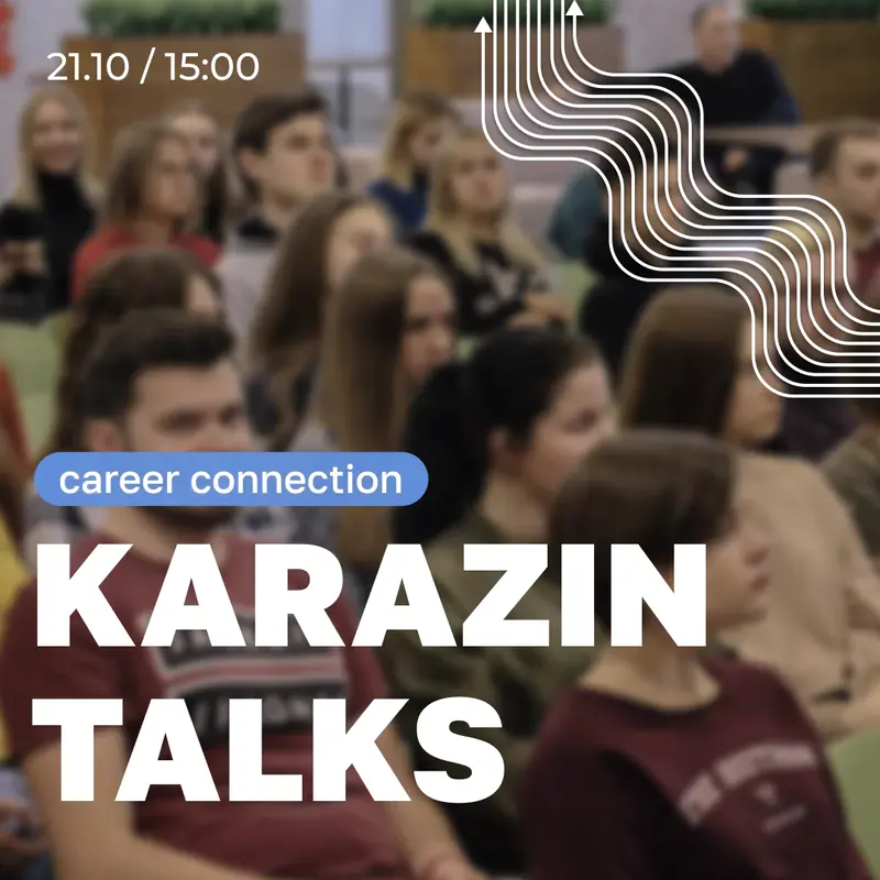 A poster for a career talk: a blurred photograph of a listening audience, white wavy lines, a blue tag and the large title at the bottom.