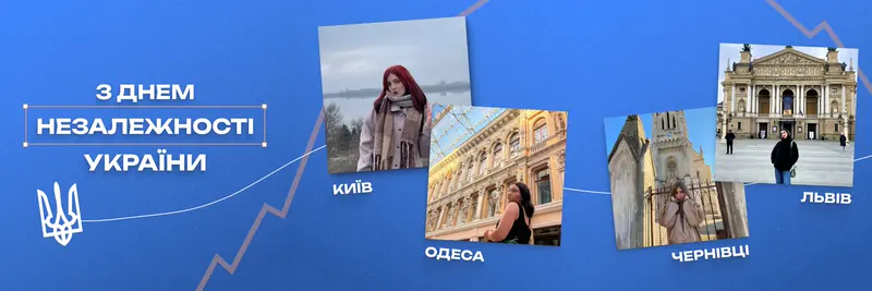 Three joined square posts that read as one wide picture: a greeting for Independence Day on blue, and four city photographs along a white line, labelled Kyiv, Odesa, Chernivtsi and Lviv.