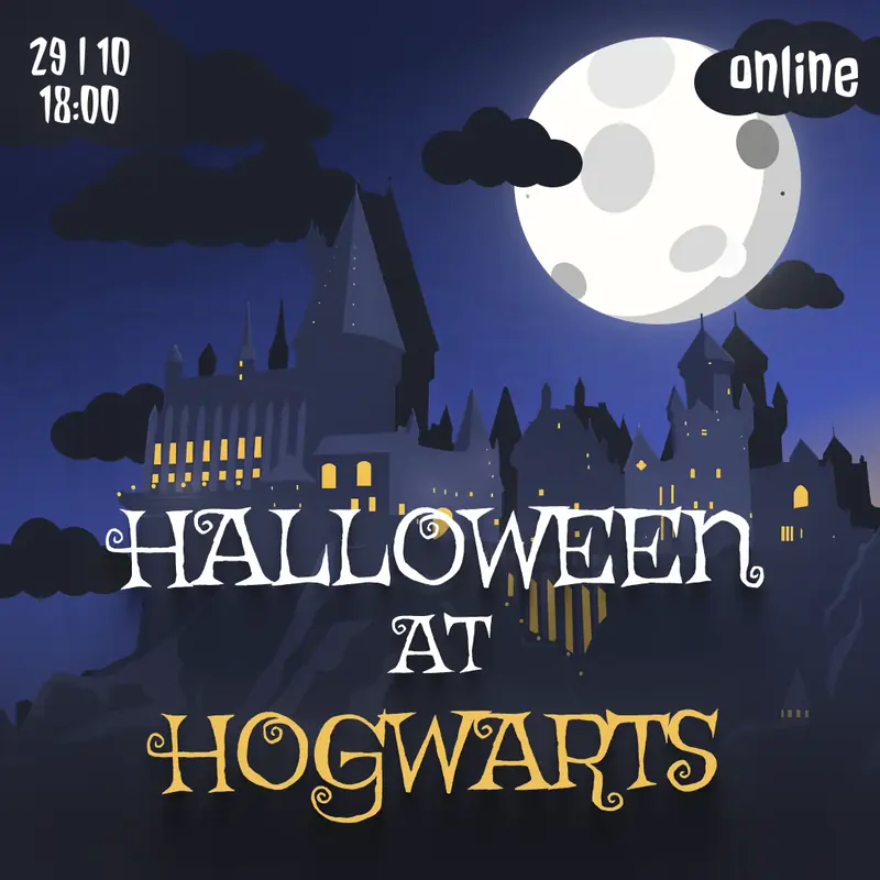 A poster for an online Halloween evening: a night sky with a big moon over a castle, with the title in white and gold hand-drawn letters.