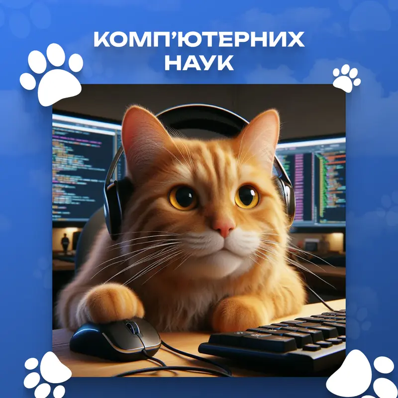 A post for a computer science faculty: a ginger cat in headphones at a computer in a blue frame with paw prints.