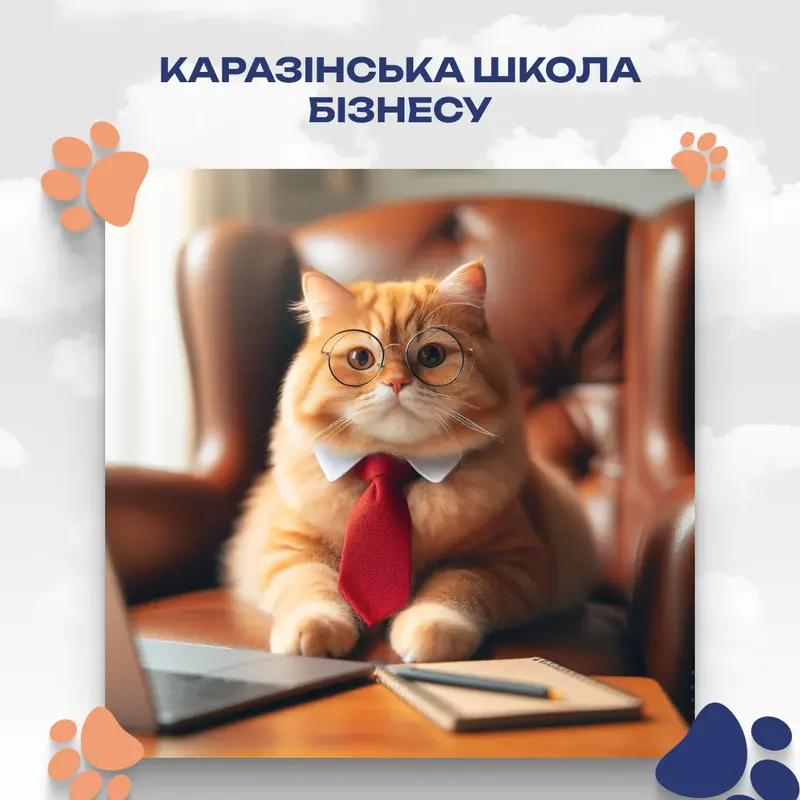 A post for a business school: a cat in round glasses and a red tie sits in a leather armchair at a laptop, in a frame with paw prints.