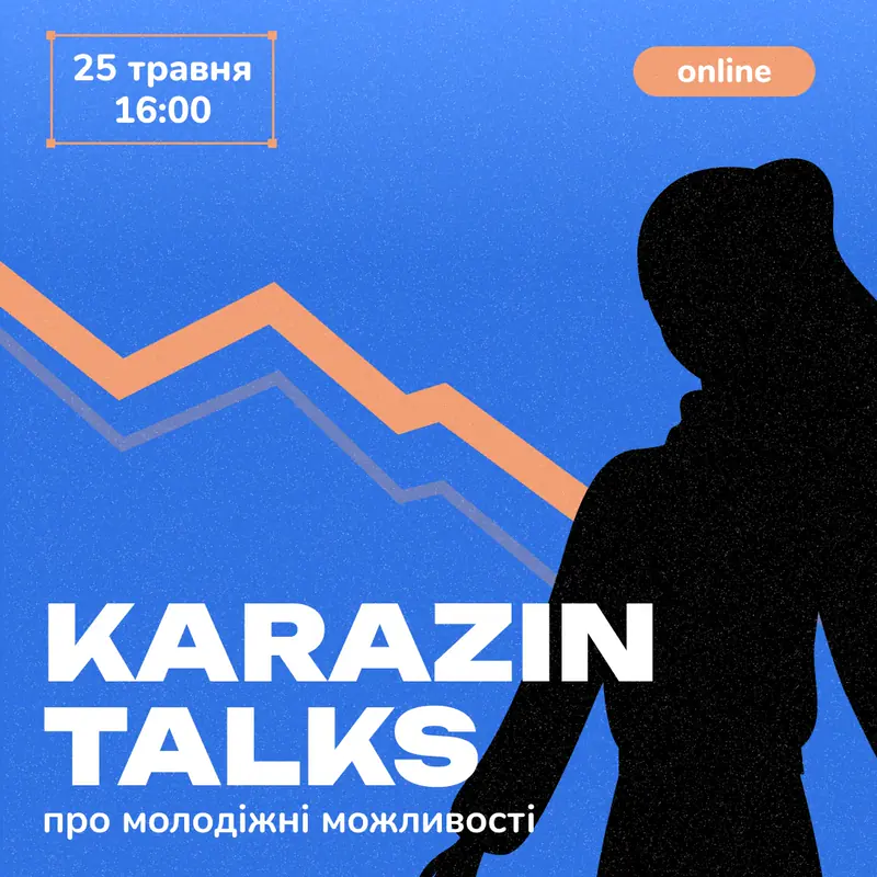 A poster for an online talk series: blue background with an orange broken line, a black silhouette on the right and large white letters at the bottom.