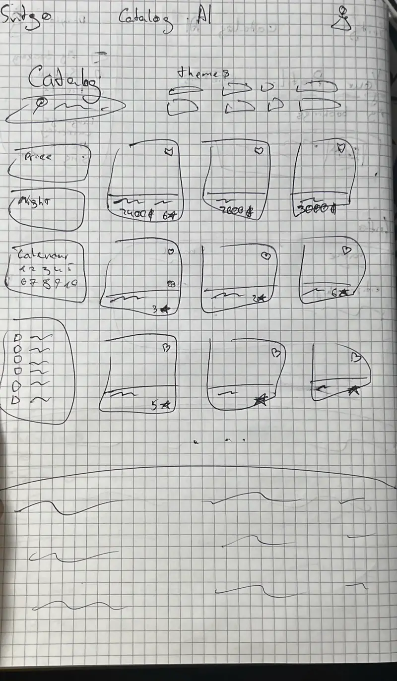 A pen sketch on squared paper of the catalogue page: filters for price, nights, a calendar and a checklist on the left, and a grid of tour cards with prices and stars.