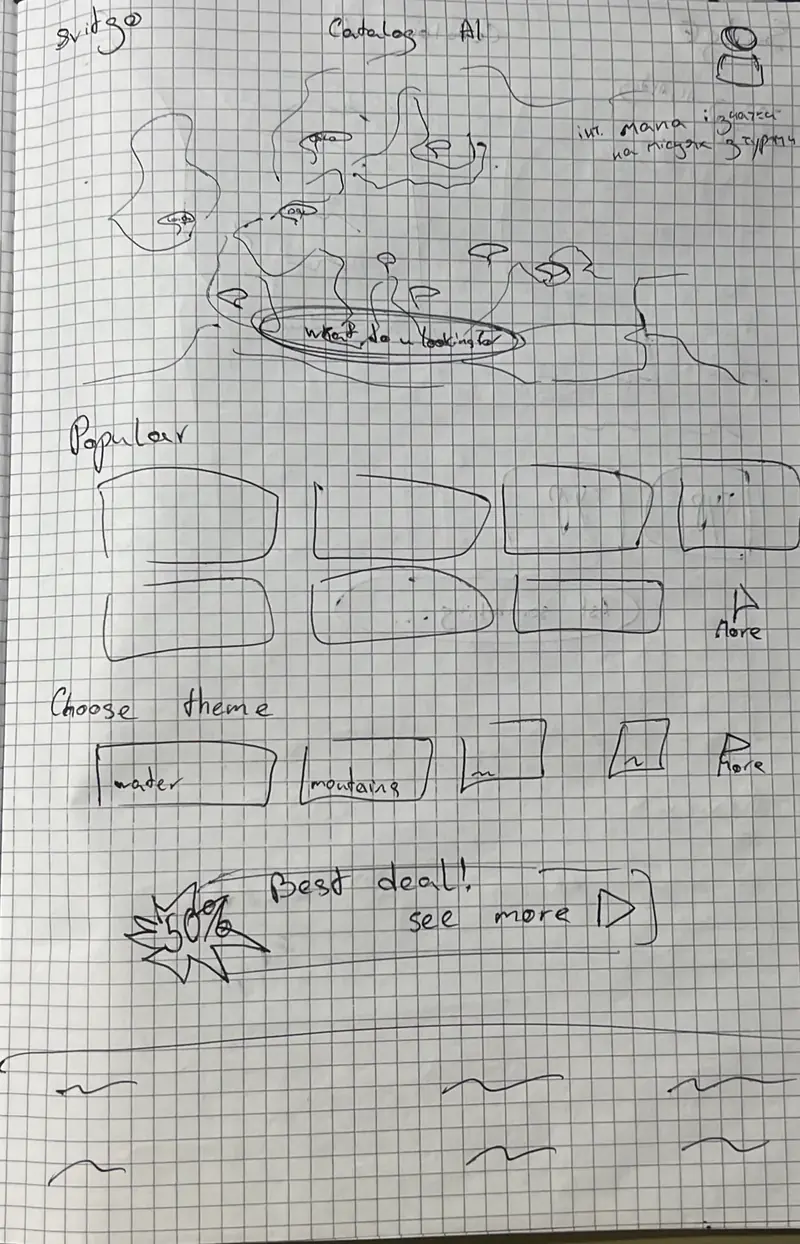 A photograph of a pen sketch on squared paper: the home page of SvitGo with a hand-drawn map and a search field, a Popular row of tour cards, theme tiles and a sale banner.