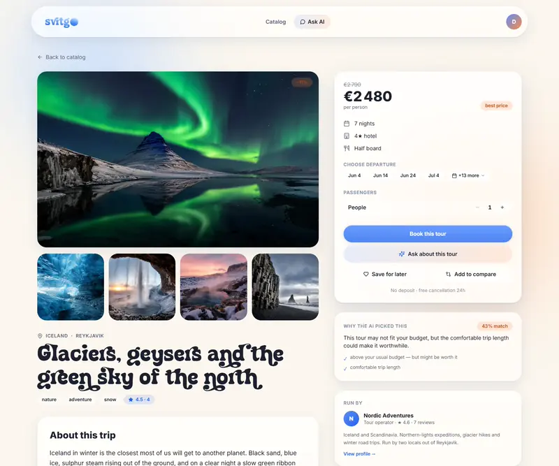 The tour page of the SvitGo app: a large northern lights photograph above a row of four smaller ones, a price card with departure dates and a Book this tour button, a card on why the AI picked the tour, and the organizer card.