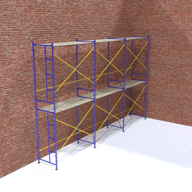 Blue frame scaffolding with yellow diagonal braces and two wooden decks, in front of a red brick wall, on a white floor.