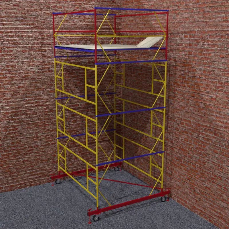 The same scaffold tower in the brick corner, rendered on a grey gravel floor with a red base on wheels.