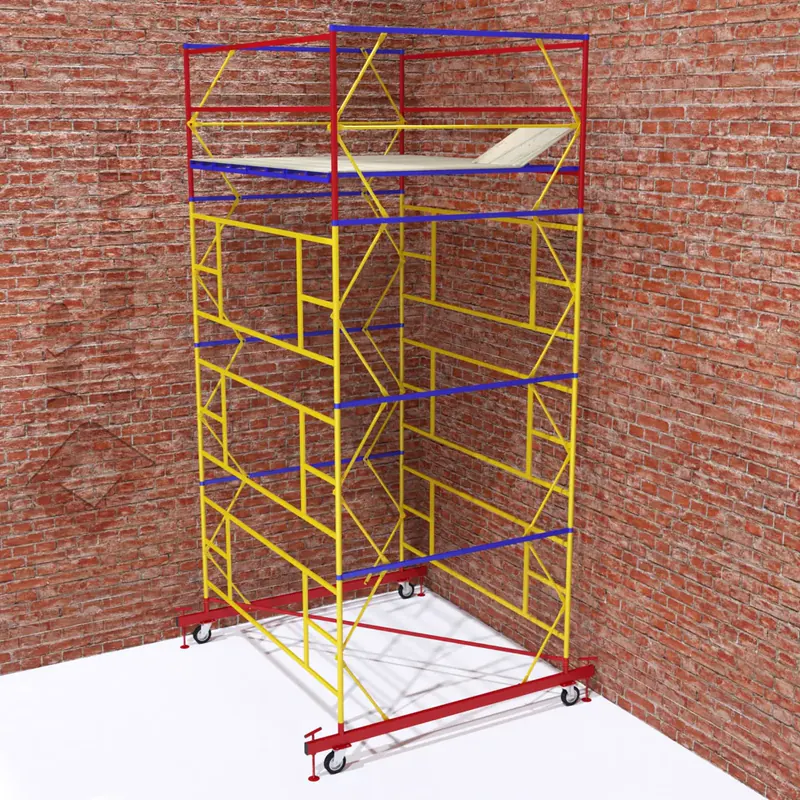 A yellow, red and blue scaffold tower in a brick corner, rendered on a white floor.